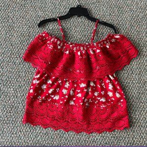 NWOT No Boundaries Juniors Off the Shoulder Red/white Floral Crop Top, Large